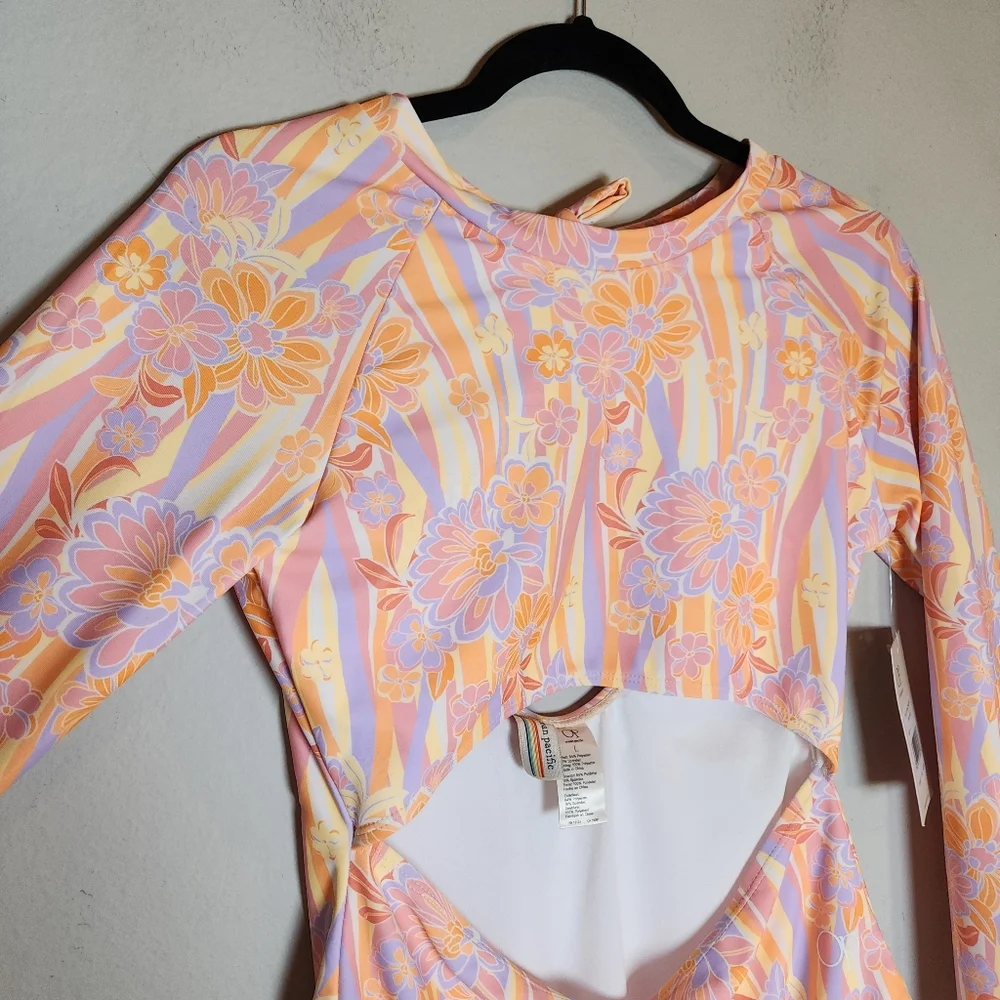 NWT OP Long Sleeve‎ One Piece Cutout Swimsuit Pink Orange Purple Floral Large